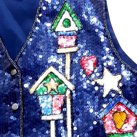 Quacker Factory Women's Vest Sequins Bird Houses Navy 1X - Picture 2 of 4